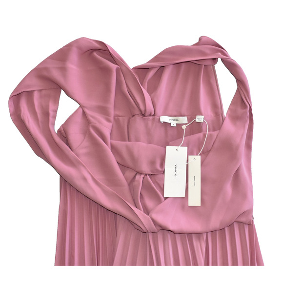 B5 NWT VINCE Baies Pink Twist Front Pleated A Line Midi Dress Size 4 $325 - Picture 5 of 7